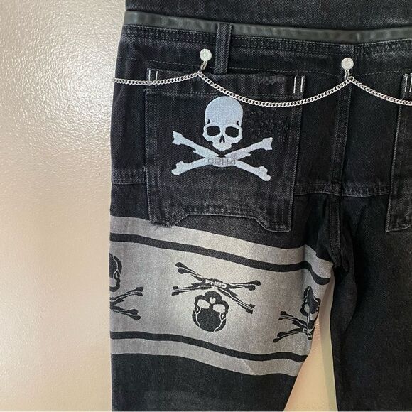 Mastermind Japan x C2H4 jeans double waist skull print chain black NWT S $550 - Picture 12 of 16